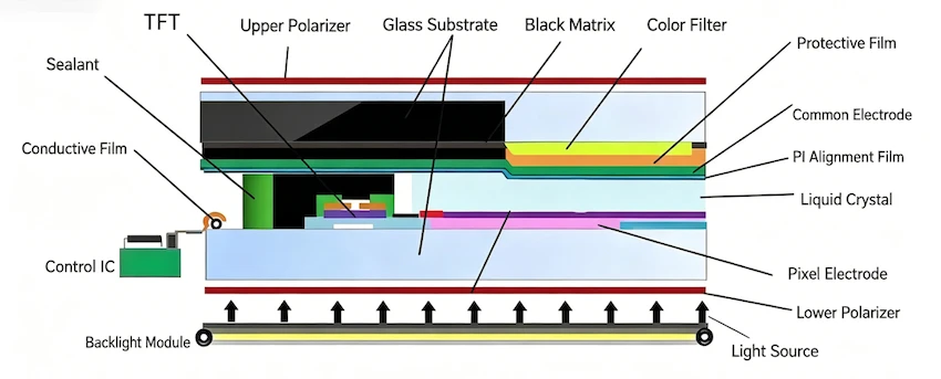 Capacitive touch screen structure diagram showing ITO layers and working principle Capacitive touch screen structure diagram showing ITO layers and working principle