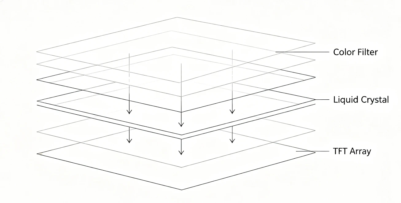 Layered structure diagram of TFT-LCD panel showing Color Filter position Layered structure diagram of TFT-LCD panel showing Color Filter position
