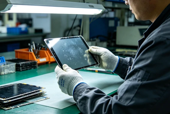 Capacitive touch screen appearance inspection in factory with visible defects like scratches and bubbles Capacitive touch screen appearance inspection in factory with visible defects like scratches and bubbles