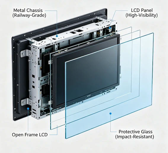 Structure of open frame LCD display designed for railway station environments Structure of open frame LCD display designed for railway station environments