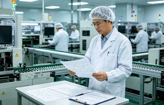 Quality engineer reviewing SPC control charts on LCD manufacturing production floor Quality engineer reviewing SPC control charts on LCD manufacturing production floor